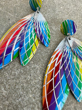 Load image into Gallery viewer, 70's Metal Rainbow With Silver Engraved Burst Design 3 Layered Earrings