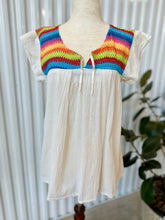 Load image into Gallery viewer, Vintage Hippie S/S Blouse With Woven Rainbow Chest & White Flowy Bodice