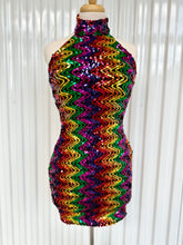 Load image into Gallery viewer, Vintage 80s-90s Sequin Rainbow Zigzag Bodycon Halter Mini Dress