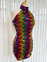 Load image into Gallery viewer, Vintage 80s-90s Sequin Rainbow Zigzag Bodycon Halter Mini Dress