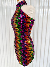 Load image into Gallery viewer, Vintage 80s-90s Sequin Rainbow Zigzag Bodycon Halter Mini Dress