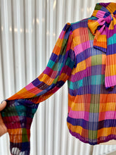 Load image into Gallery viewer, 70's Sheer Jewel Tone Rainbow Mock Neck Blouse With Ballon L/S & Ascot