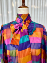 Load image into Gallery viewer, 70's Sheer Jewel Tone Rainbow Mock Neck Blouse With Ballon L/S & Ascot