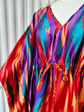 Load image into Gallery viewer, Vintage Satin Abstract Rainbow Flame Caftan Maxi Dress With Waist Tie