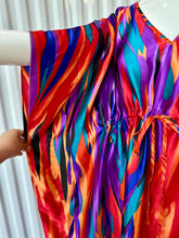 Load image into Gallery viewer, Vintage Satin Abstract Rainbow Flame Caftan Maxi Dress With Waist Tie