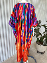 Load image into Gallery viewer, Vintage Satin Abstract Rainbow Flame Caftan Maxi Dress With Waist Tie