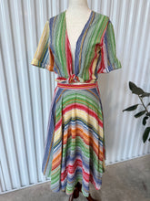 Load image into Gallery viewer, 80s-90s 2 Piece Rainbow Striped Tie Crop Top with Midi Skirt