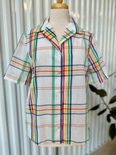 Load image into Gallery viewer, Vintage White S/S With Rainbow Line Plaid Button Down Shirt