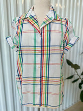 Load image into Gallery viewer, Vintage White S/S With Rainbow Line Plaid Button Down Shirt