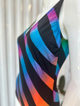 Load image into Gallery viewer, 80s Jantzen One Piece Diagonal Black & Rainbow Striped Swimsuit / Bodysuit
