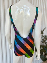 Load image into Gallery viewer, 80s Jantzen One Piece Diagonal Black & Rainbow Striped Swimsuit / Bodysuit