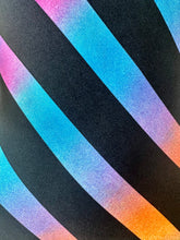 Load image into Gallery viewer, 80s Jantzen One Piece Diagonal Black & Rainbow Striped Swimsuit / Bodysuit