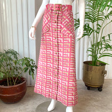 Load image into Gallery viewer, 60s Bubble Gum Pink Geometric Pattern Knit Maxi Skirt With Belt