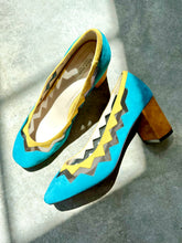 Load image into Gallery viewer, Rare Cole Haan Cyan, Yellow & Cedar Emilia Block Heel Suede Pumps