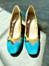 Load image into Gallery viewer, Rare Cole Haan Cyan, Yellow & Cedar Emilia Block Heel Suede Pumps