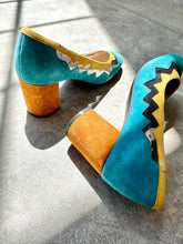 Load image into Gallery viewer, Rare Cole Haan Cyan, Yellow & Cedar Emilia Block Heel Suede Pumps