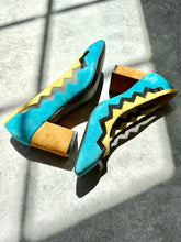 Load image into Gallery viewer, Rare Cole Haan Cyan, Yellow & Cedar Emilia Block Heel Suede Pumps