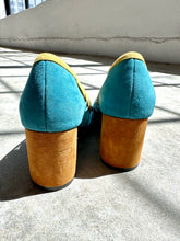 Load image into Gallery viewer, Rare Cole Haan Cyan, Yellow & Cedar Emilia Block Heel Suede Pumps