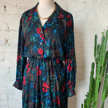 Load image into Gallery viewer, 1970s-80s Handmade Black Dress With Paisley & Tropical Floral Design