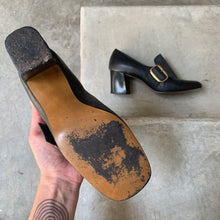 Load image into Gallery viewer, 1970s Black Stacked Heel Loafers With Large Buckle