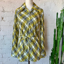 Load image into Gallery viewer, 1970s Navy & Yellow Op Art Belted Long Sleeve Blouse