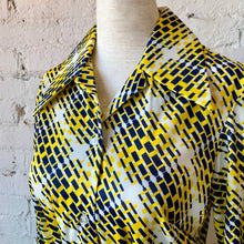 Load image into Gallery viewer, 1970s Navy & Yellow Op Art Belted Long Sleeve Blouse