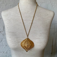 Load image into Gallery viewer, 1970's Large Gold Filigree Cat Eye Pendant Necklace