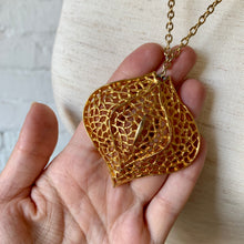 Load image into Gallery viewer, 1970's Large Gold Filigree Cat Eye Pendant Necklace