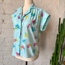 Load image into Gallery viewer, 1980s Jewel Tone Abstract Print Short Sleeve Button Up Blouse