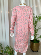 Load image into Gallery viewer, 1980s Long Sleeve Flora Kung Blush Pink With Turquoise Floral Design & Trim Silk Midi Dress