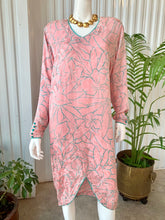 Load image into Gallery viewer, 1980s Long Sleeve Flora Kung Blush Pink With Turquoise Floral Design & Trim Silk Midi Dress
