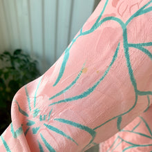 Load image into Gallery viewer, 1980s Long Sleeve Flora Kung Blush Pink With Turquoise Floral Design & Trim Silk Midi Dress