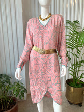 Load image into Gallery viewer, 1980s Long Sleeve Flora Kung Blush Pink With Turquoise Floral Design & Trim Silk Midi Dress