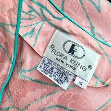 Load image into Gallery viewer, 1980s Long Sleeve Flora Kung Blush Pink With Turquoise Floral Design & Trim Silk Midi Dress