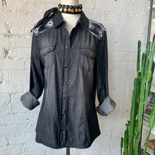 Load image into Gallery viewer, Distressed Black Denim Western Shirt