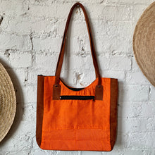 Load image into Gallery viewer, 1990s Orange Canvas & Faux Suede Tote Bag with Cross Stitch Floral & Hummingbird Embroidery