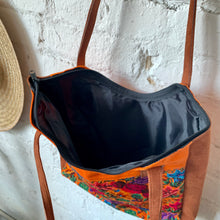 Load image into Gallery viewer, 1990s Orange Canvas & Faux Suede Tote Bag with Cross Stitch Floral & Hummingbird Embroidery