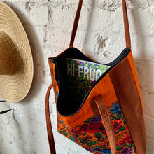 Load image into Gallery viewer, 1990s Orange Canvas & Faux Suede Tote Bag with Cross Stitch Floral & Hummingbird Embroidery