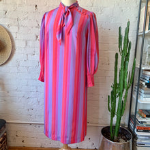 Load image into Gallery viewer, 1970s-80s Bright Summer Sunset Striped Secretary Dress