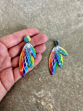 Load image into Gallery viewer, 70&#39;s Metal Rainbow With Silver Engraved Burst Design 3 Layered Earrings
