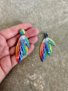 70's Metal Rainbow With Silver Engraved Burst Design 3 Layered Earrings