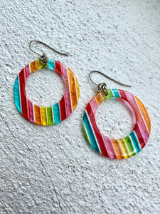 Vintage Semi Translucent Rainbow Flat Lucite Open Circle Earrings