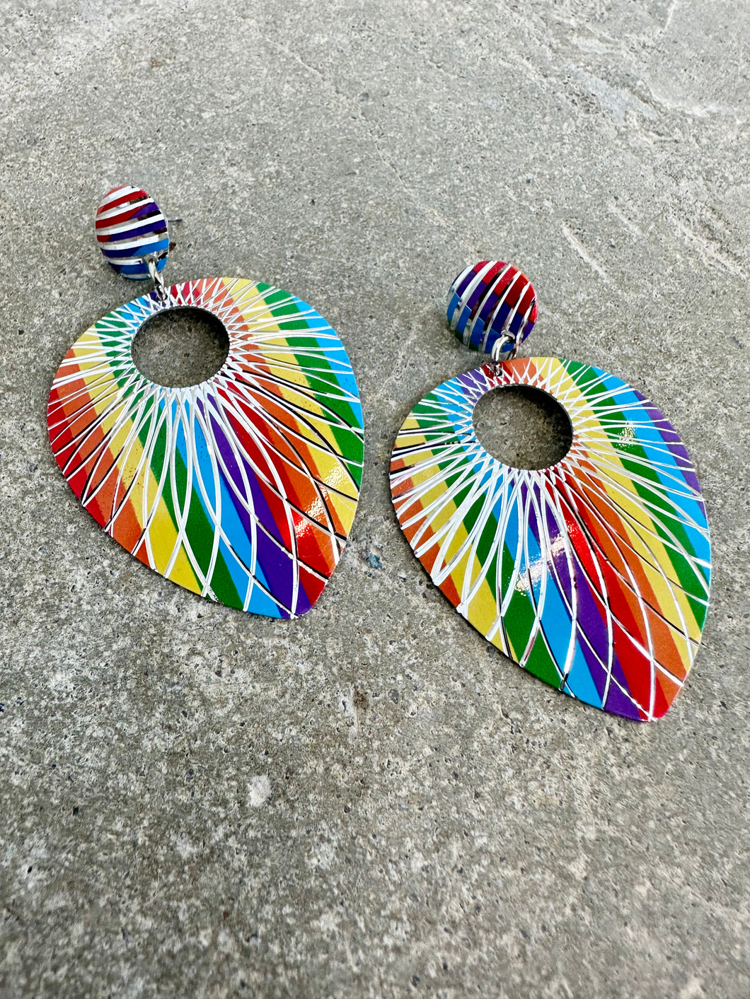 1970s Rainbow Etched Metal Teardrop Earrings