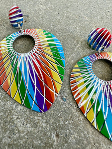1970s Rainbow Etched Metal Teardrop Earrings