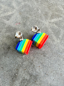 80's Rhinestone Post With Rainbow Cube Dangle Earrings