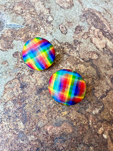 Vintage Rainbow Plaid Button Earrings