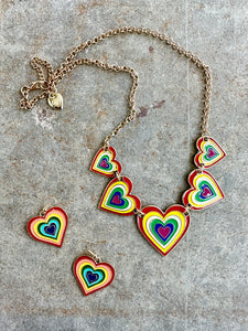 90s Betsey Johnson Rainbow Love Heart Necklace & Earrings Set