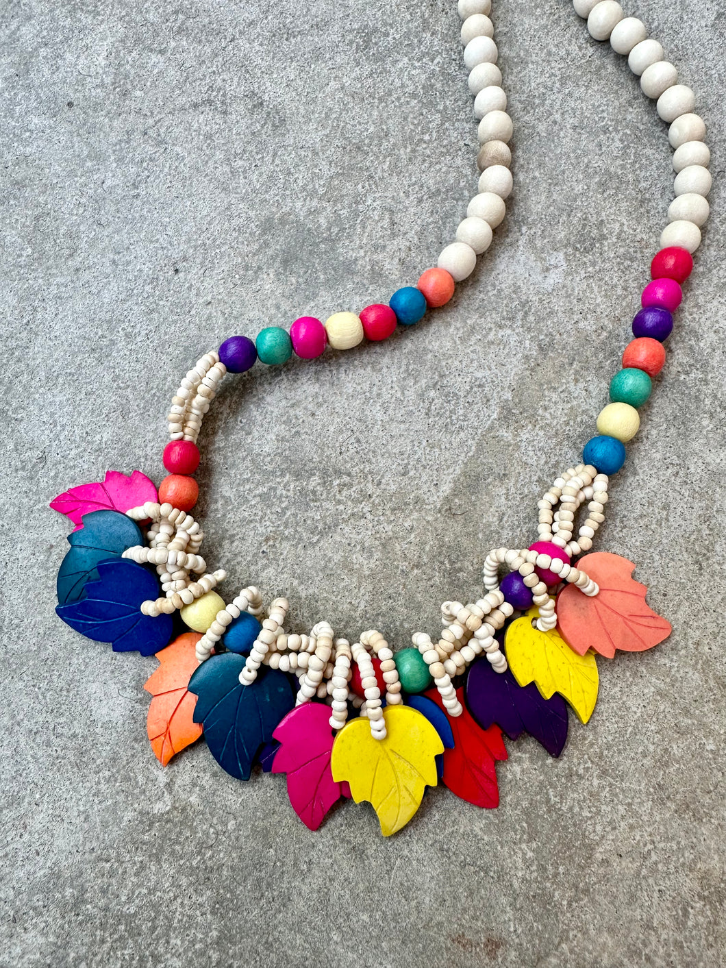Vintage Rainbow Wooden Leaf Necklace