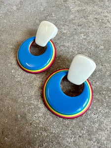 80's White With Blue Stacked Rainbow Hoop Earrings