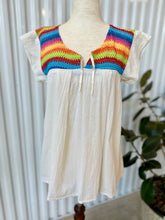 Load image into Gallery viewer, Vintage Hippie S/S Blouse With Woven Rainbow Chest &amp; White Flowy Bodice
